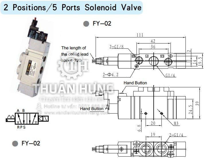 Thông số kĩ thuật và kích thước của van điện từ khí nén STNC FY-D-02 Ren 13mm van 5/2