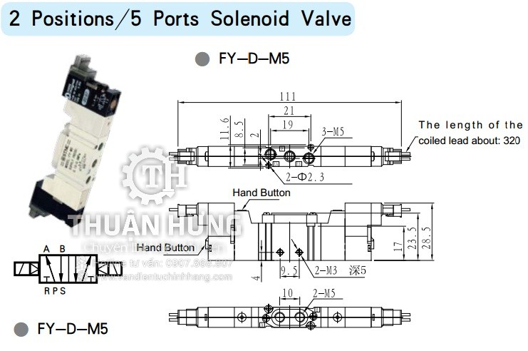 Thông số kĩ thuật và kích thước của van điện từ khí nén STNC FY-D-M5 Ren 5mm van 5/2