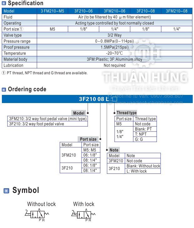 Catalog bàn đạp chấn khí nén AIRTAC 3F210-08 là van khí nén 3/2 ren 13mm