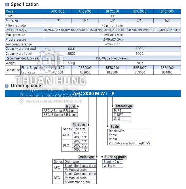 Catalog tính năng của bộ lọc khí nén AIRTAC AFC2000 lọc hơi ren 13