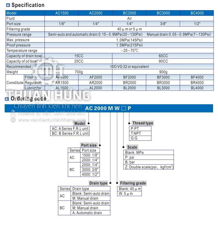 Catalog tính năng của bộ lọc khí nén AIRTAC BC4000 ren 21