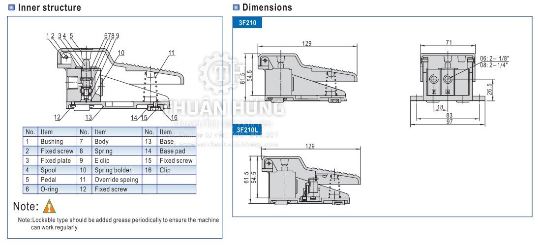 Ký hiệu và cấu tạo bàn đạp chân khí nén AIRTAC 3F210-08 Van khí nén 3/2 ren 13mm