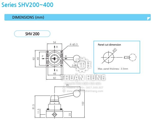 Kích cỡ của van gạt tay SKP SHV200-02