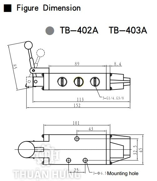 Kích thước của van gạt tay khí nén STNC TB-402A Van khí nén 5/2 ren 13mm
