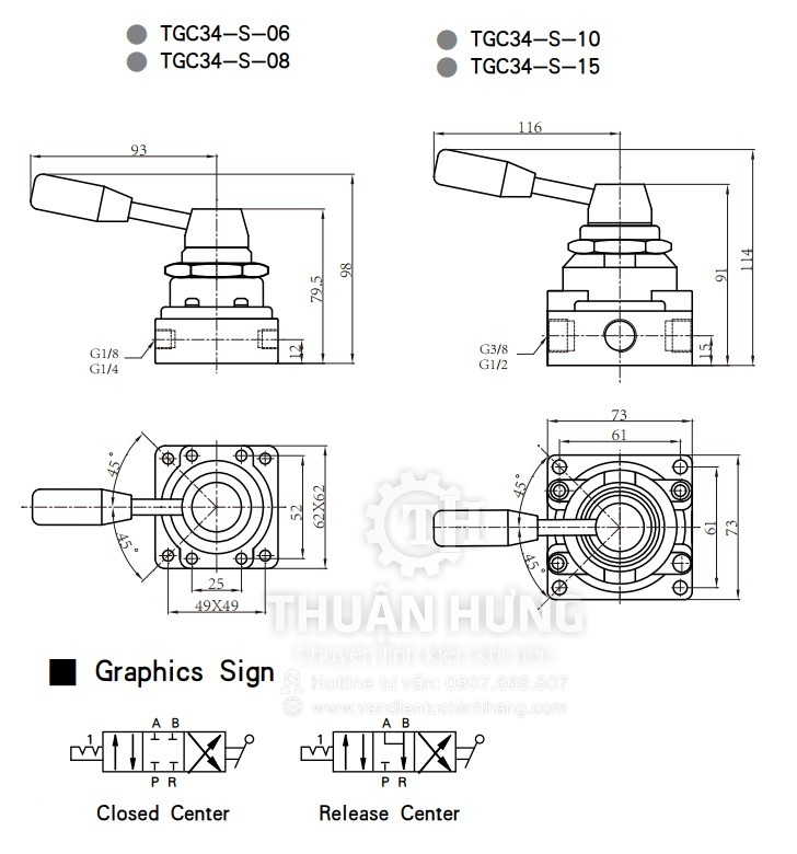 Ký hiệu và cấu tạo van gạt tay khí nén STNC TGC34-S-08 Van khí nén 4/3 ren 13mm