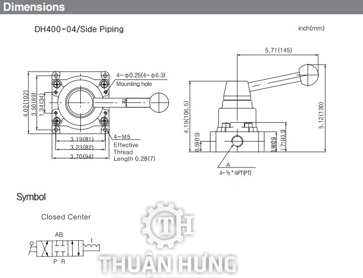Ký hiệu và cấu tạo van gạt tay khí nén TPC DH400-04 Van khí nén 4/3 ren 21