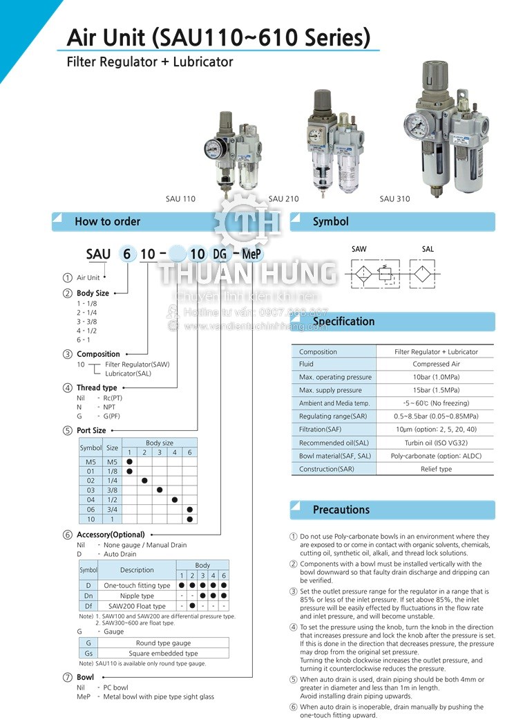 Thông số kĩ thuật của bộ lọc khí nén SKP SAU6010-10