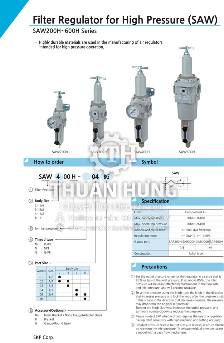 Thông số kĩ thuật của van điều áp khí nén cao áp SAW400H-04BG ren 21 cao áp 30kg