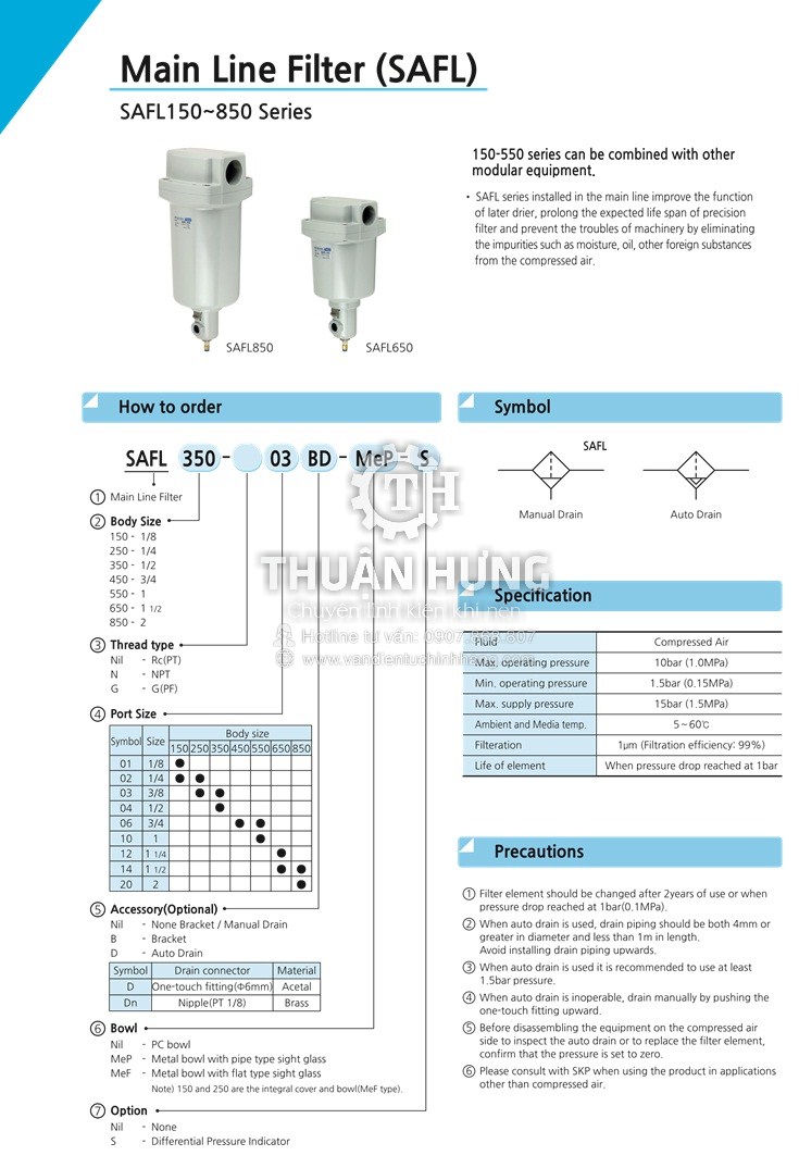 Thông số kĩ thuật của bộ lọc khí nén SKP SAFL450-06BD Phi 27