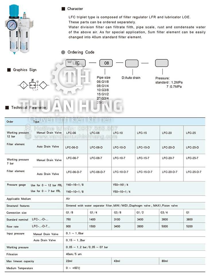 Thông số kĩ thuật và model của bộ lọc khí nén STNC LFC-08-D (Ren 13,G1/4, Áp Suất 16KG)