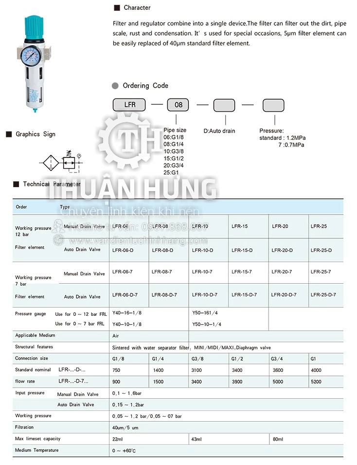 Các thông số kĩ thuật và tính năng của bộ lọc khí nén STNC LFR-08 (Ren 13, G1/4, Áp Suất 16KG)