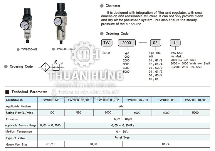 Thông số kĩ thuật của bộ lọc khí nén TW4000-04 ren 21 G1/2, TW4000-06 Ren 27 G3/4
