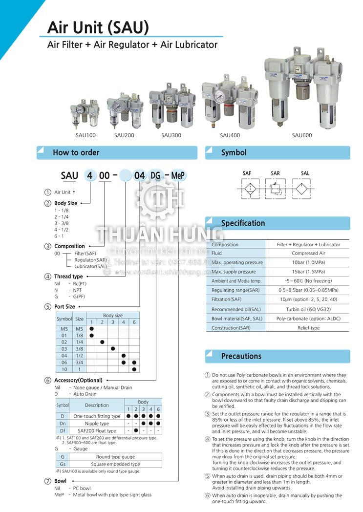 Thông số kĩ thuật của bộ lọc khí nén SKP SAU6000-06 (bộ lọc ba)