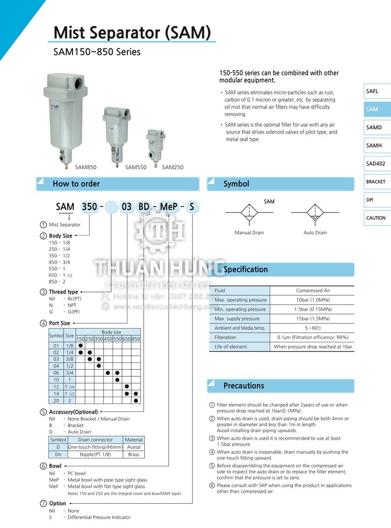 Thông số kĩ thuật của lọc tinh khí nén SKP SAM350-04BD Phi 21