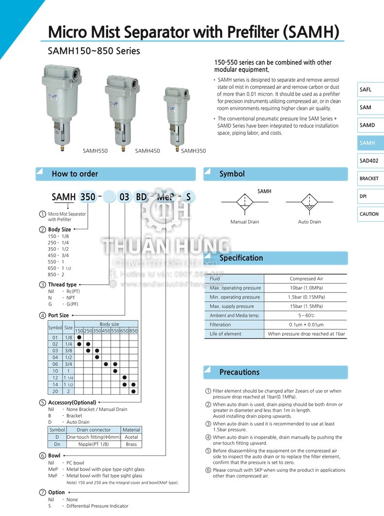 Thông số kỹ thuật của bộ lọc tinh khí nén SKP SAMH450-06