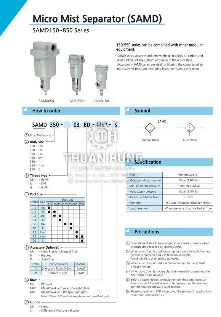 Thông số kĩ thuật của bộ lọc tinh khí nén SKP SAMD450-06BD Phi 27