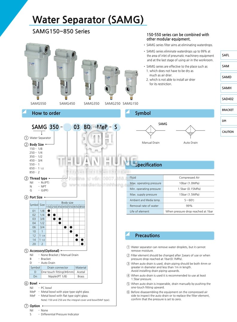 Thông số kĩ thuật của bộ lọc tinh tách nước SKP SAMG450-06BD Phi 27