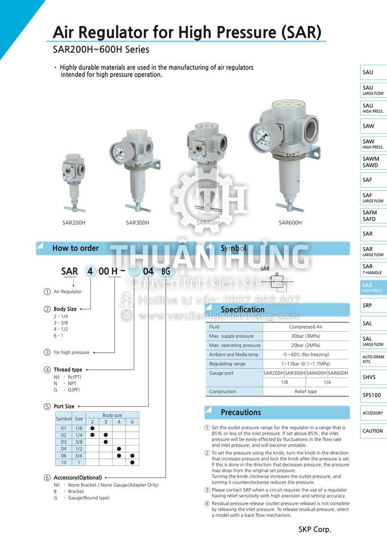 Thông số kĩ thuật của van điều áp khí nén cao áp SAR400H-06BG