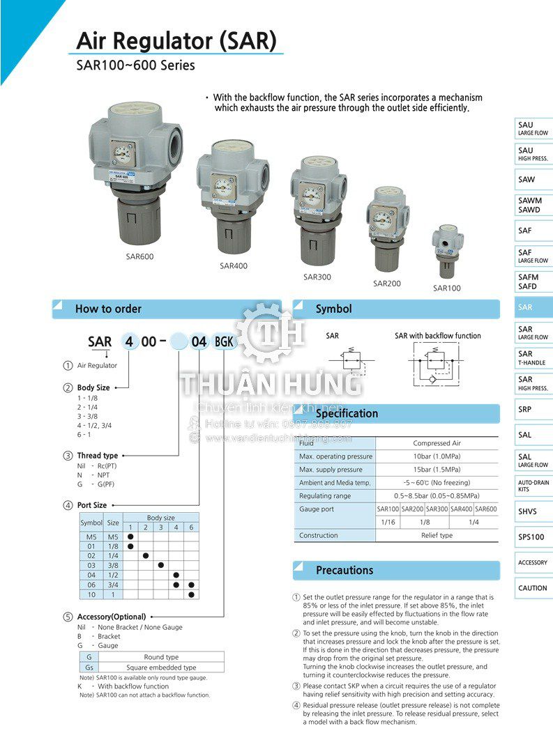 Thông số kỹ thuật và model của van điều chỉnh áp suất khí nén SKP SAR600M-10BG