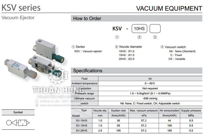 Thông số kỹ thuật của van hút chân không vacuum KCC SV-15HS ren 1/4