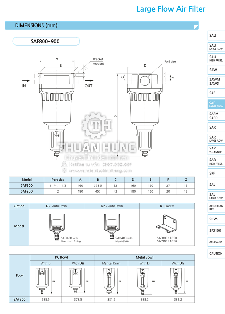 Thông số kĩ thuật và kích cỡ của bộ lọc khí nén SKP SAF9000-20BD là bộ lọc nước cho máy nén khí