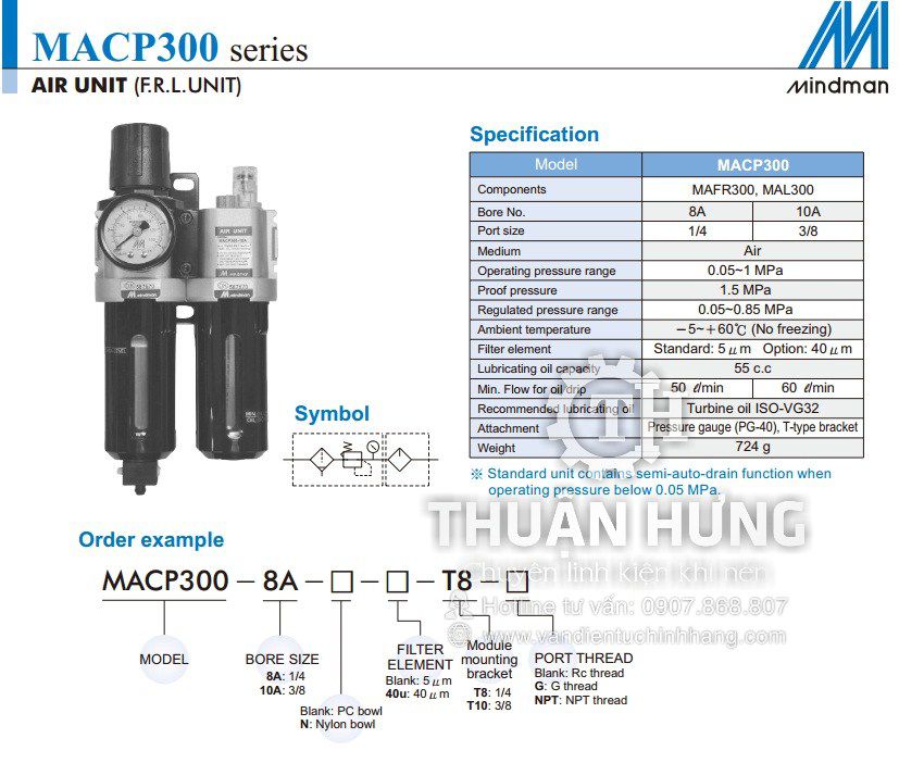 Thông số kĩ thuật của bộ lọc khí nén MINDMAN MACP300-10A ren 17