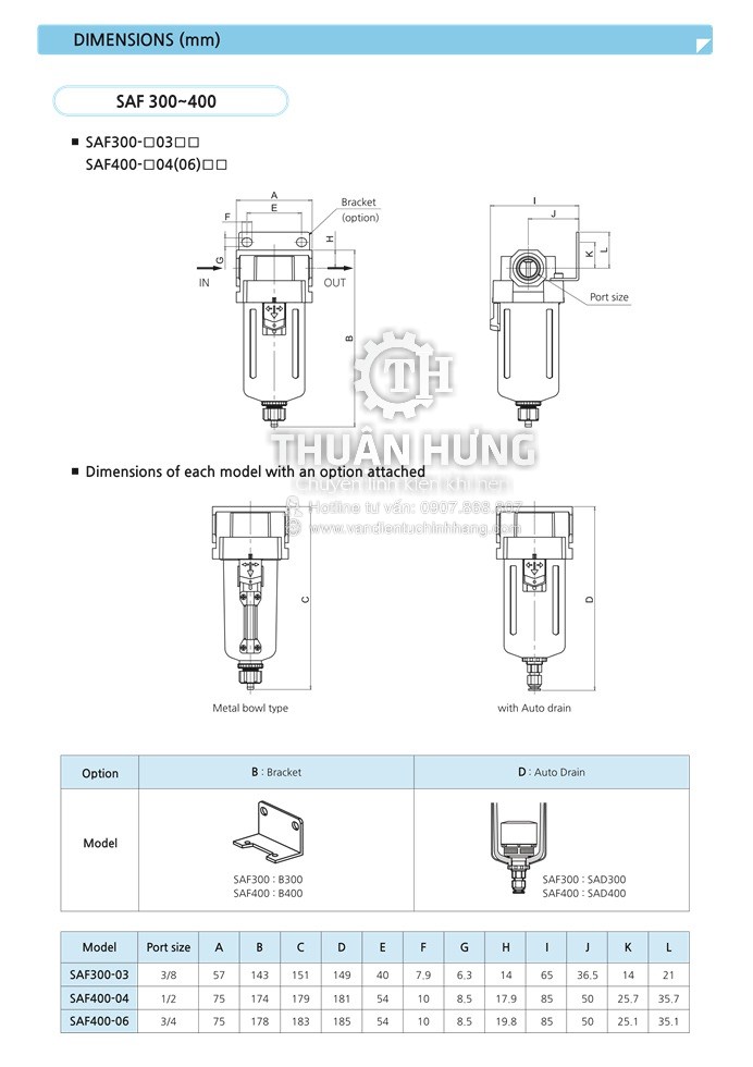 Thông số kĩ thuật và kích cỡ của bộ lọc khí nén SKP SAF4000-04 bộ tách nước khí nén tự động
