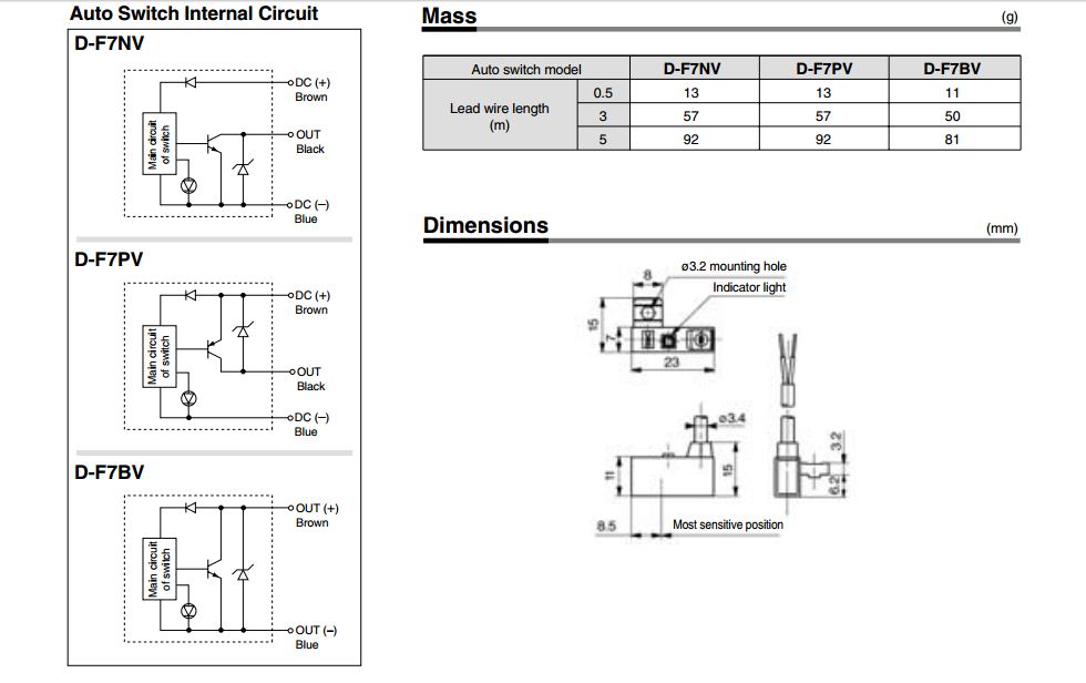 Thông số kỉ thuật và kích cỡ của cảm biến từ sensor SMC D-F7BV