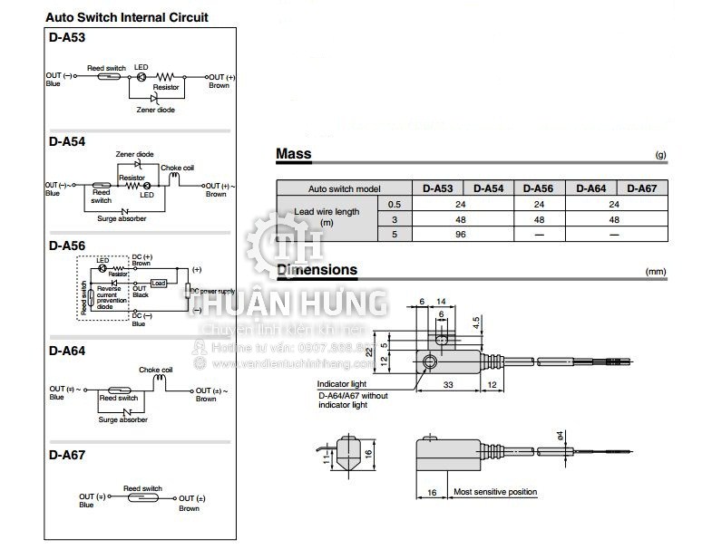Thông số kĨ thuật và kích cỡ của cảm biến từ xi lanh sensor SMC D-A53(D-A57)