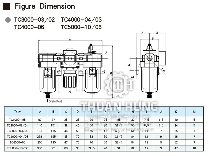 Thông số kích thước của bộ lọc khí nén TC5000-10 ren 34 G1 bộ lọc ba