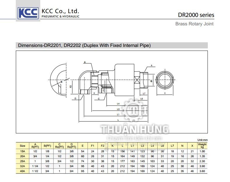 Các thông số kĩ thuật và kích thước của khớp nối xoay 3 lỗ KCC DR2201-20  ren 27 xoay phải