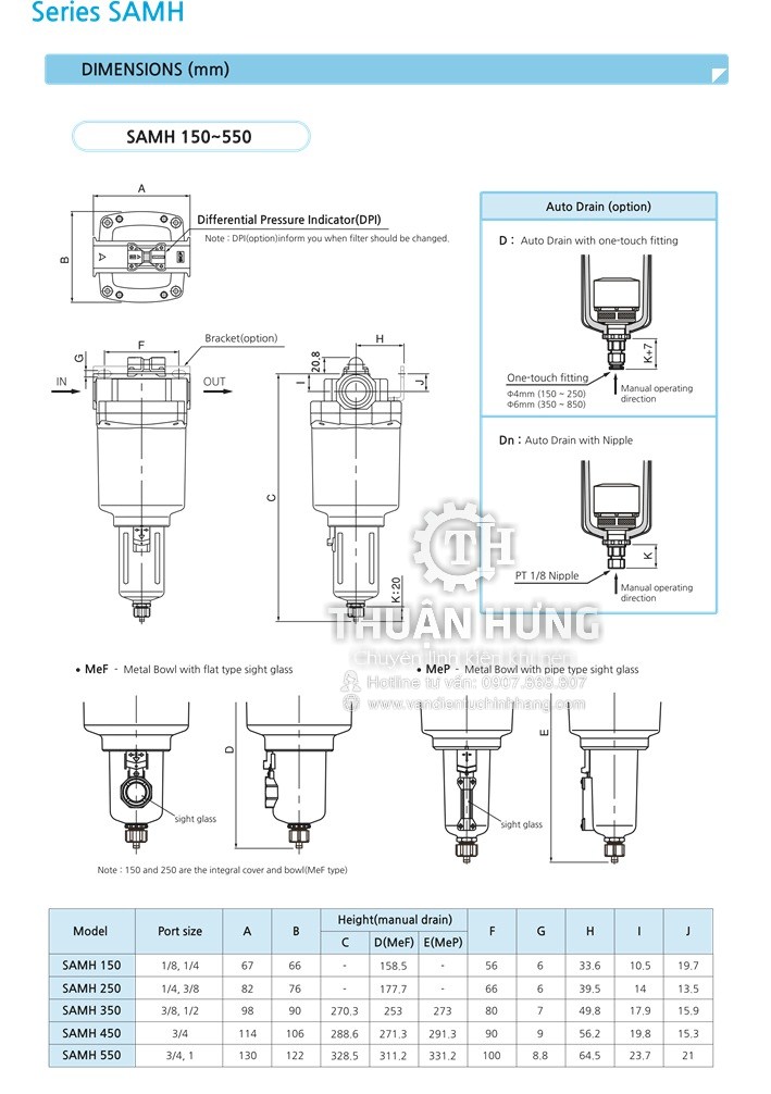Thông số kĩ thuật và cấu tạo bộ lọc tinh khí nén SKP SAMH550-10BD phi 34 