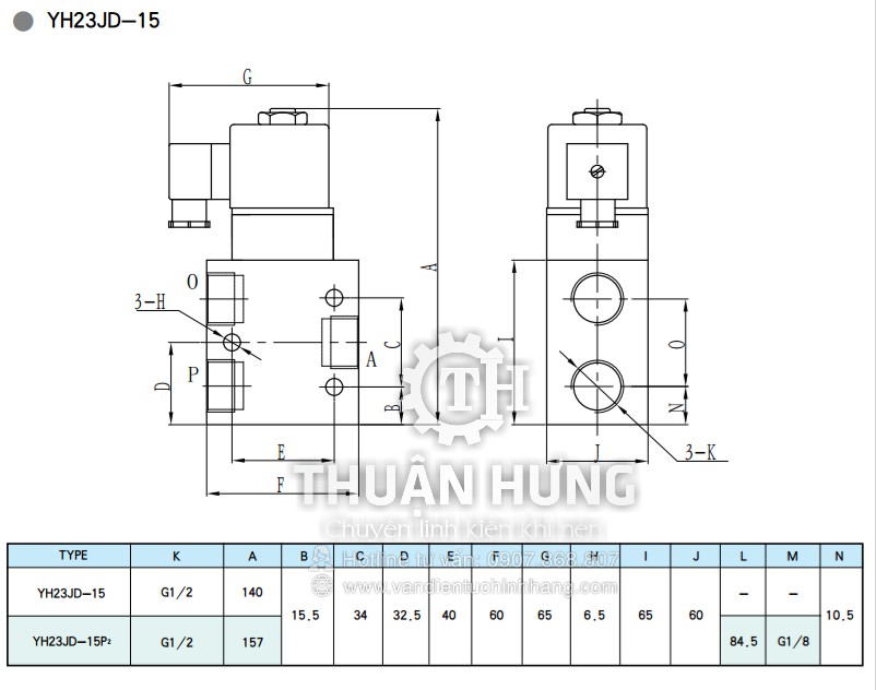 Thông số kỹ thuật và kích thước của van điện từ khí nén STNC YH23JD-15 Ren 21mm van 3/2 heo vàng