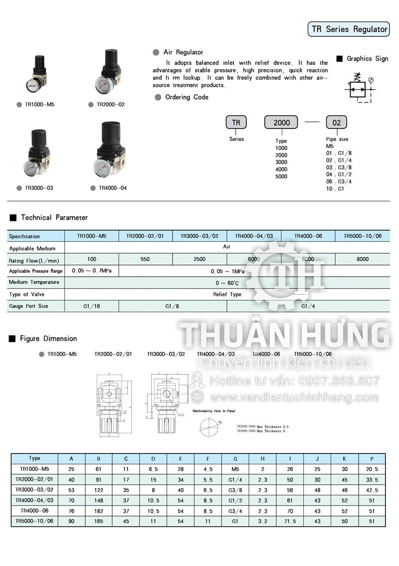 Thông số kĩ thuật và kích thước của van điều áp khí nén STNC TR2000-02 ren 13 áp suất 10kg