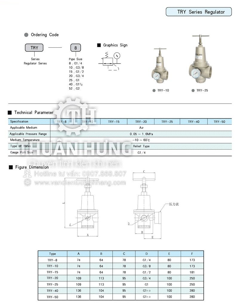 Thông số kĩ thuật và kích thước của van điều áp khí nén STNC TRY-10 ren 17 áp suất 16kg