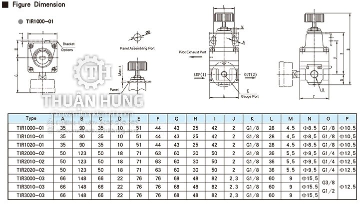 Các thông số kĩ thuật và kích thước của van điều áp  tinh STNC TIR2000-02 ren 13 áp suất 2kg