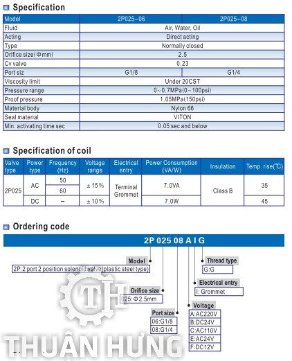 Các thông số kĩ thuật và tính năng của van điện từ AIRTAC 2P025 van 2/2 ren 13 thường đóng thân nhựa