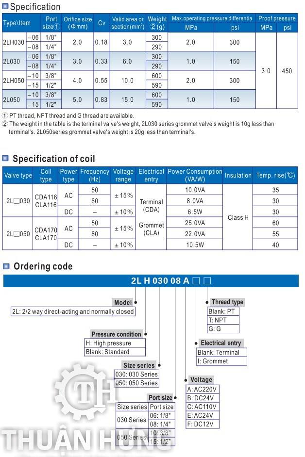 Các thông số kĩ thuật và tính năng của van điện từ INOX 2L030-08 van 2/2 ren 13 thường đóng
