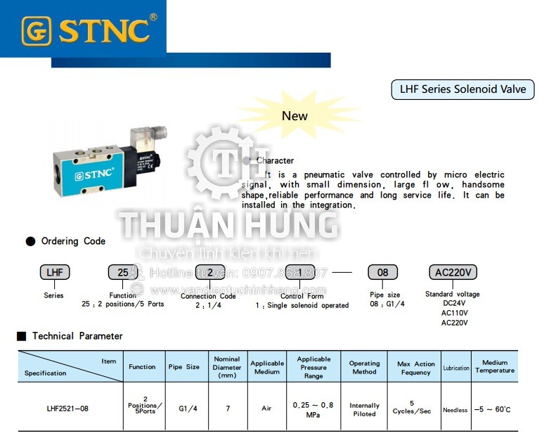 Thông số kĩ thuật và tính năng của van điện từ khí nén STNC LHF2511-06 Ren 9,6mm van 5/2 kiểu FESTO