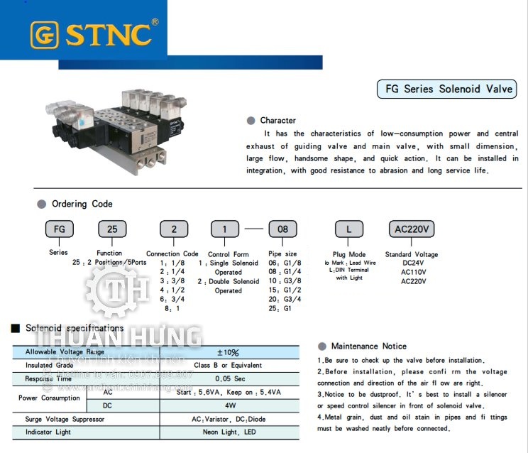 Các thông số kĩ thuật và tính năng của van điện từ khí nén STNC FG2521-08L van khí nén  5/2 ren 13