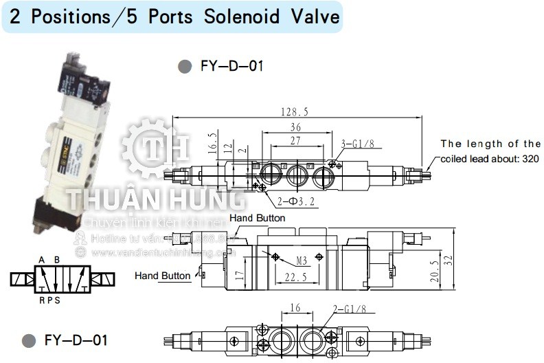 Thông số kĩ thuật và kích thước của van điện từ khí nén STNC FY-D-01 Ren 9,6mm van 5/2