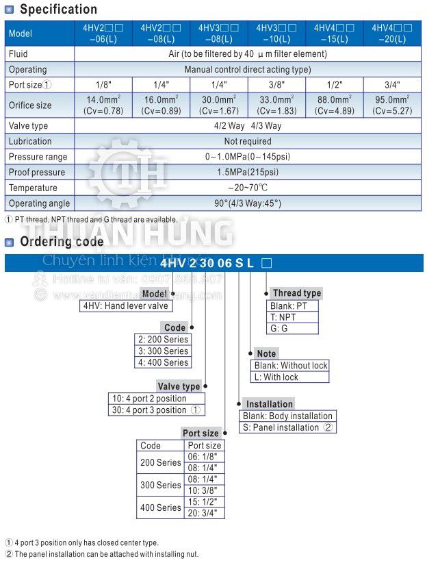 Thông số kỹ thuật van gạt tay khí nén AIRTAC 4HV230-08 là van khí nén 4/3 ren 13