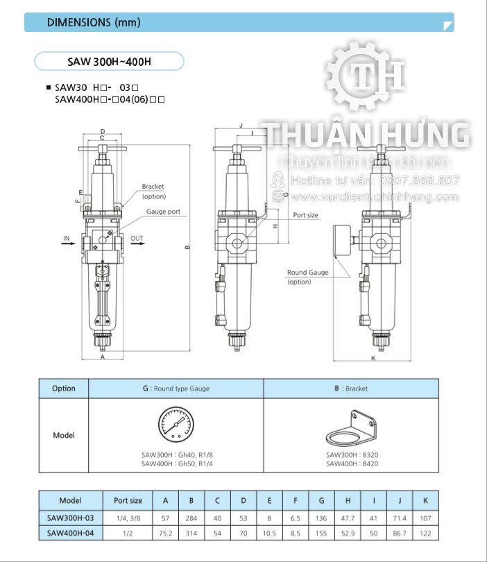 Các thông số kĩ thuật và kích thước của van điều áp khí nén cao áp SAW400H-04BG ren 21 áp cao 30kg
