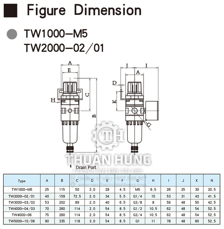Thông số kích thước của bộ lọc đơn khí nén TW2000-02 (Ren 13 G1/4)
