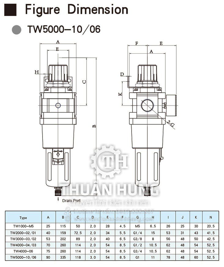 Thông số kích thước của bộ lọc đơn đơn khí nén TW5000-10 (Ren 34 G1)