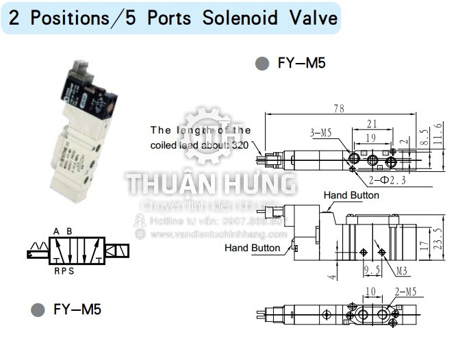 Thông số kĩ thuật và kích thước của van điện từ khí nén STNC FY-M5 Ren 5mm van 5/2