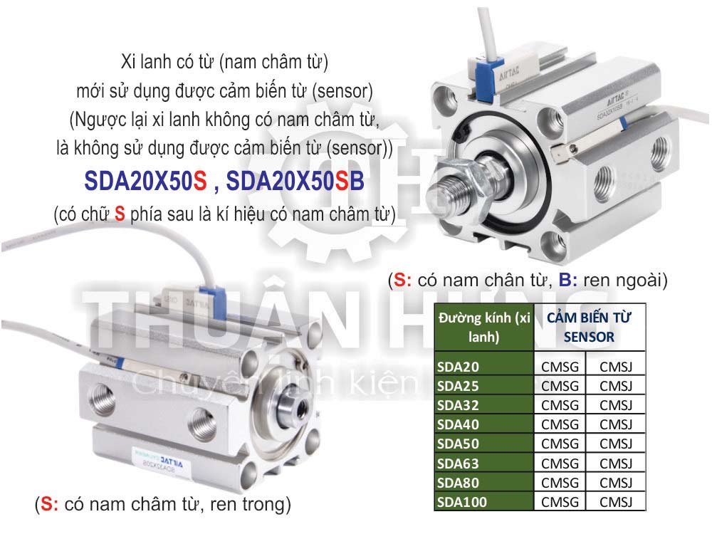Cảm biến từ xi lanh compact Airtac SDA20, SDA25, SDA32, SDA40, SDA50, SDA63, SDA80, SDA100