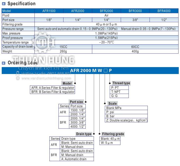 Catalog và tính năng của bộ lọc khí nén AIRTAC AFR2000 ren 13 1/4