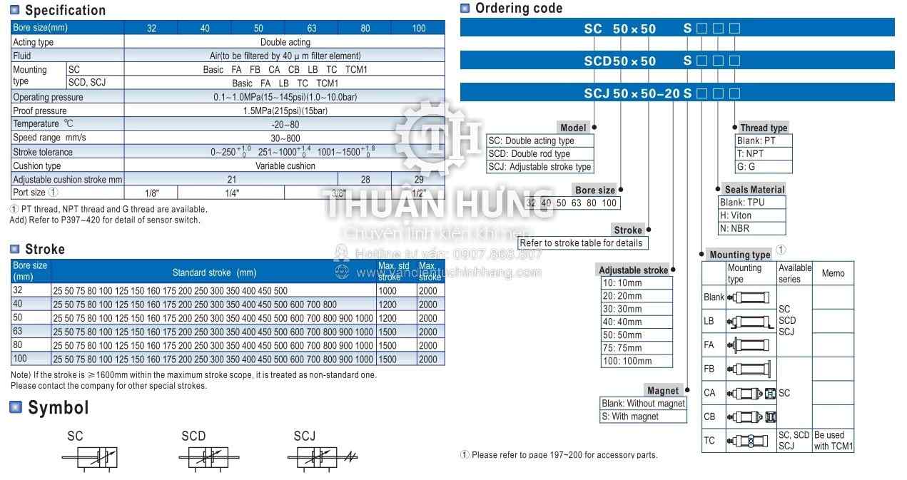  Catalog tính năng của xi lanh khí nén AIRTAC SC32-800 phi 32 hành trình 800