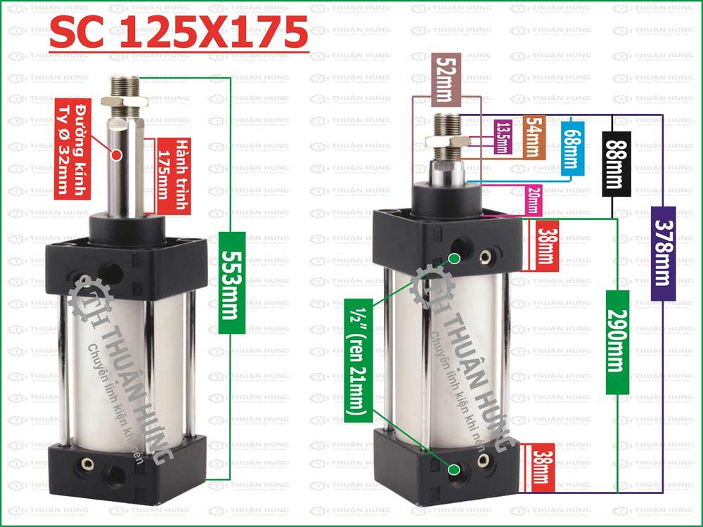 Thông số kích thước xi lanh khí nén Airtac SC125X175